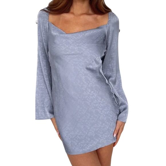 White Fox silver blue cowl neck long sleeve satin mini dress S - Picture 7 of 7